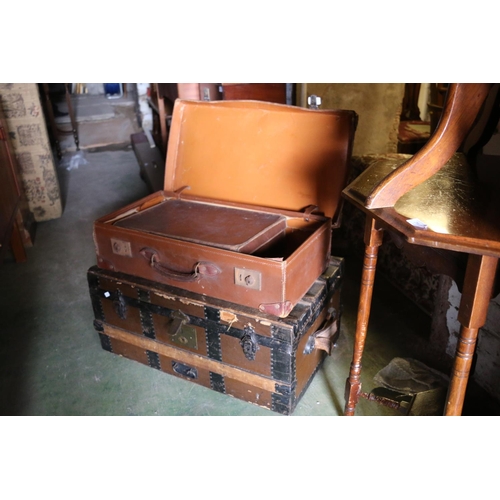 833 - Wood and metal bound traveling trunk, 32 x 72 x 42cm, and another case.