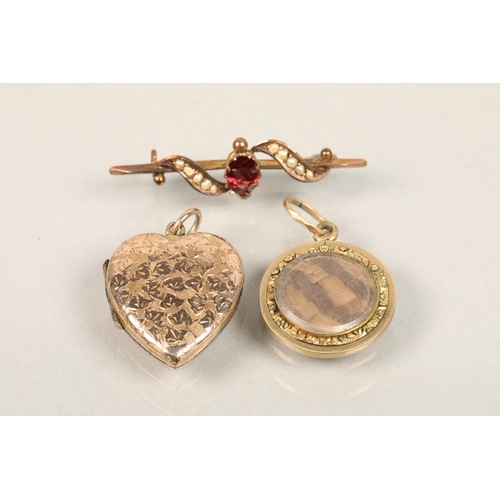 58 - 9ct gold yellow broach with seed pearls and red stone with yellow metal locket and other pendant (3)... 