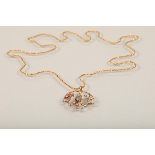 71 - Edwardian-style 9ct gold seed pearl and aquamarine on yellow metal chain.total weight10.7 grams... 