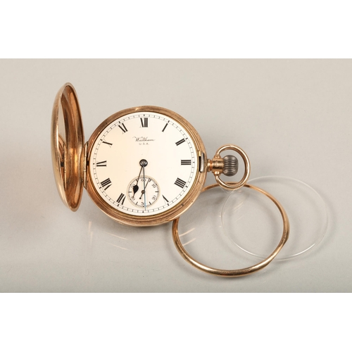 75 - 9ct yellow gold full hunter pocket watch, dial by Waltham USA. total weight 95 grams