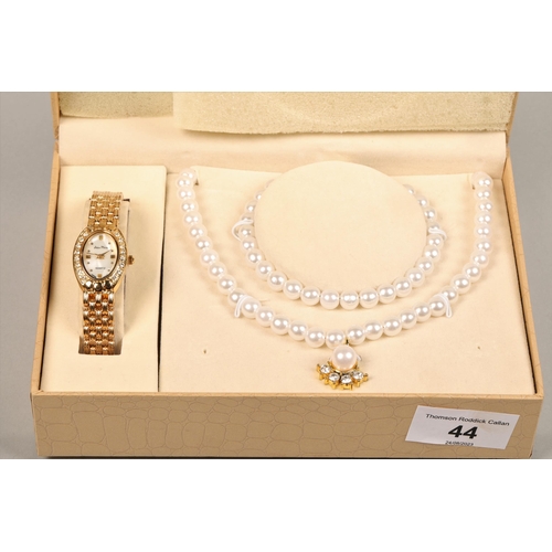 44 - Jean Marc ladies' watch with mother of pearl face. With simulated pearl necklace and bracelet in box... 