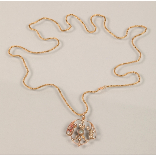 71 - Edwardian-style 9ct gold seed pearl and aquamarine on yellow metal chain.total weight10.7 grams... 