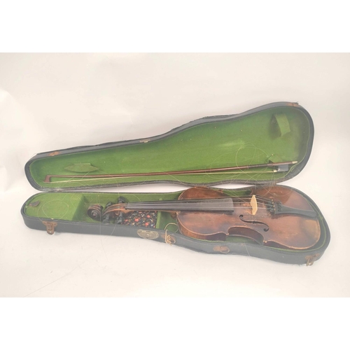 283 - Antique 4/4 size violin, likely of Saxony origin, with spruce top and two piece maple back, in fitte... 