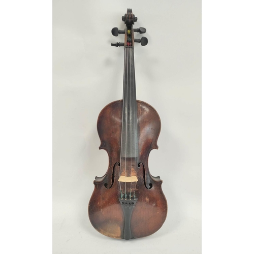 283 - Antique 4/4 size violin, likely of Saxony origin, with spruce top and two piece maple back, in fitte... 