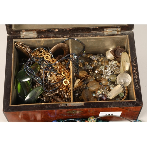 148 - Assortment of costume jewellery in old cigar box