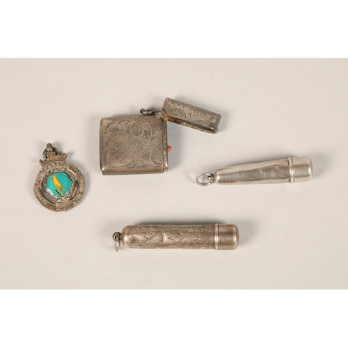 165 - Silver vesta case, The border fancy canary club silver medal, Two silver cheroot holder cases (4)