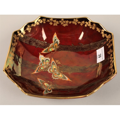 39 - Crown Devon Red dish with butterflies, 22 .5 cm wide