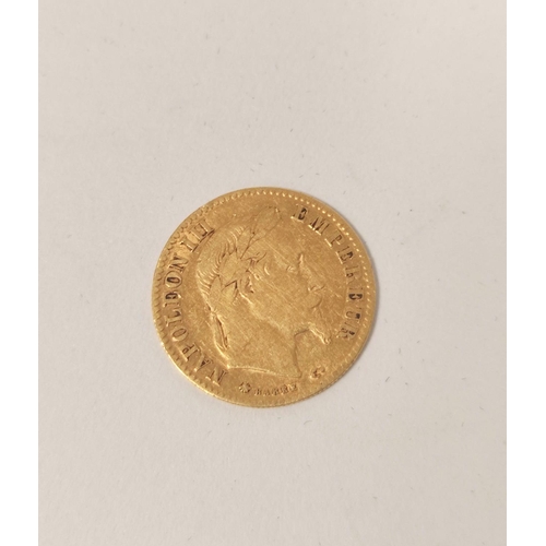 145 - France. 1866 Napoleon III gold 10 Franc coin, 3.1g.