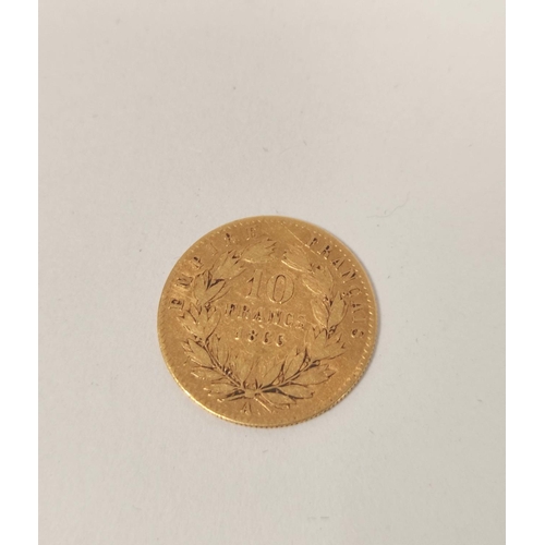 145 - France. 1866 Napoleon III gold 10 Franc coin, 3.1g.