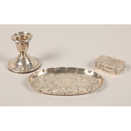 187 - Silver candlestick holder, silver snuff box and silver tray (3)