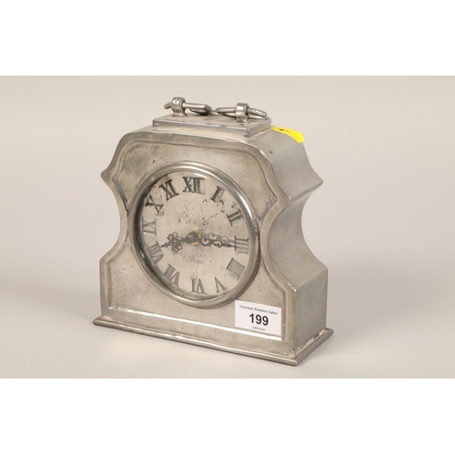 199 - Pewter mantle clock, 17 cm high signed De campus