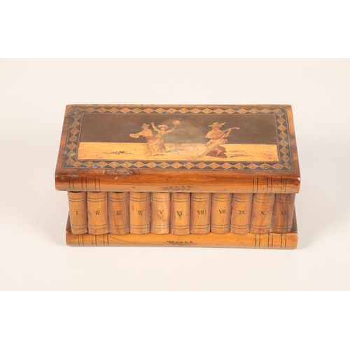 212 - Fern ware box, Marquetry inlaid box in form of books with top showing lute player and dancers, with ... 