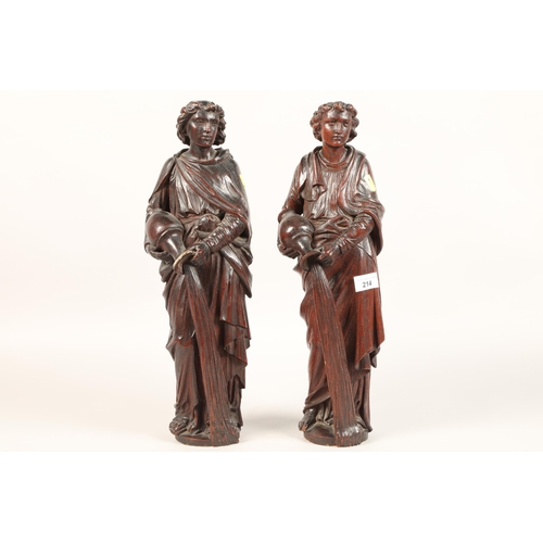 214 - Pair of Oak Neoclassical figures with urns , 49 cm tall, (2)