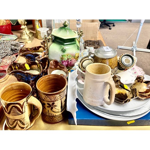 249 - Tray of various ceramics, including studio pottery mugs and Gouda ware