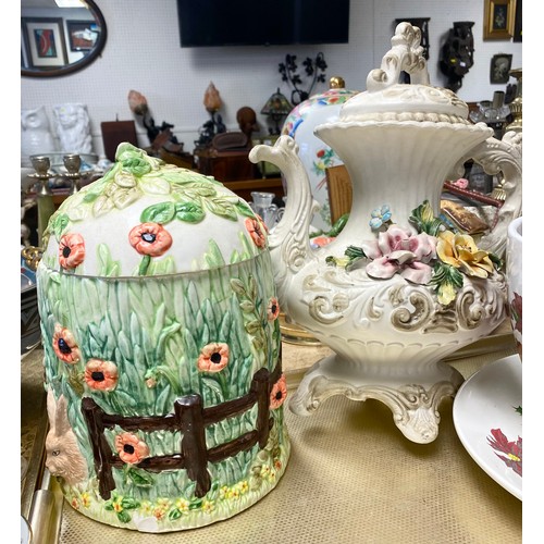 318 - Novelty biscuit barrels, Brentleigh vase, relief stone gilt framed cherubs signed R. Wilson, enormou... 