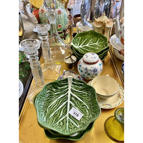 319 - Early green glass, 8 cm, cabbage plates, Booths cup and saucer, ginger jar crystal decanter, glass c... 