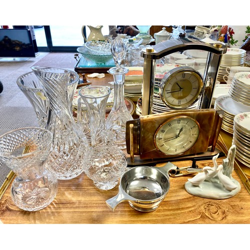 311 - Vintage Metamec  onyx Mantle clock, Seiko mantle clock, Nao ducks, various crystal decanters and vas... 