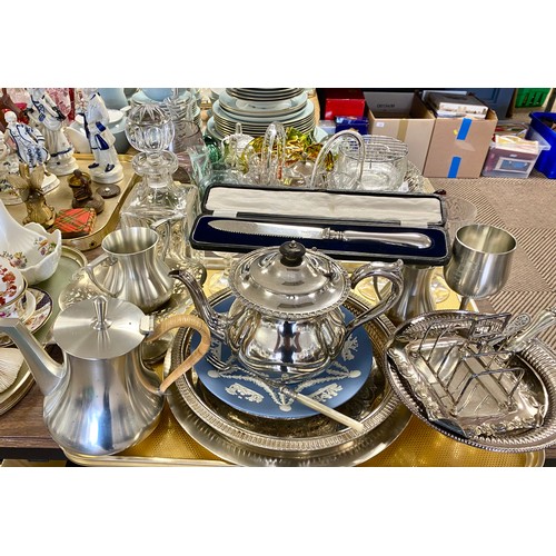 302 - Crystal decanter with wine glasses, plated ware including teapot, Jasparware plate etc