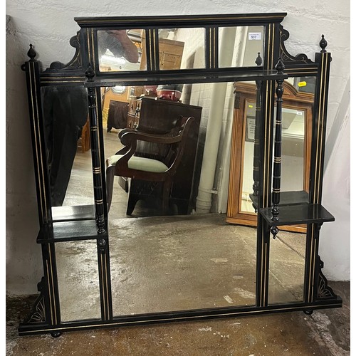 537 - Ebonized over mantel mirror, h 105cm x w 117cm x d 15cm