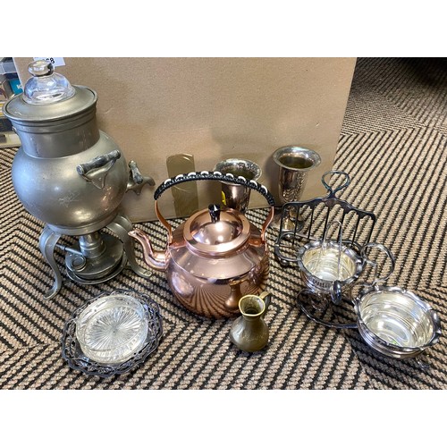 368 - Box of assorted plated wear, including copper teapot, plated teapot and tea caddy, boxed plated hair... 