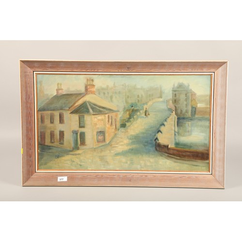 377 - Margaret Auld, ' Evening Auld Brig, Ayr' signed, 1974,  Oil on board in frame 70 x 40 cm ( 83 x... 