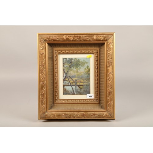 414 - Gilt framed oil, bridge over river, Signed Ernest Warner on the reverse,20cm x 14 cm, 45cm x 40cm in... 