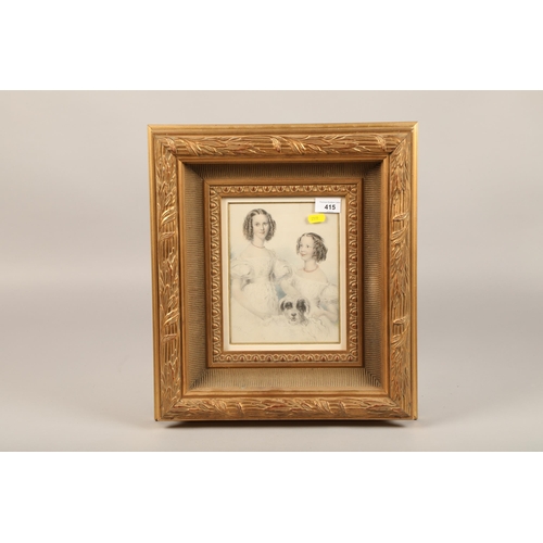 415 - Gilt framed print,, two girls & dog,22cm x17cm , 45cm x40cm including frame