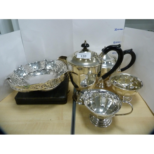 120 - Four-piece EP tea set, EP cake basket, cased set of grapefruit spoons etc.