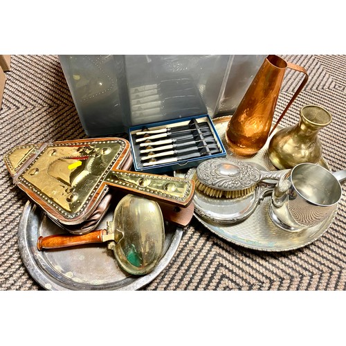 350 - A selection of Singer scissors, plated hairbrush, trays, copper bellows, etc...  