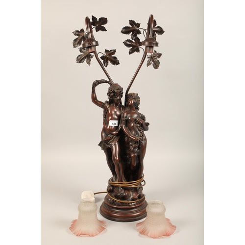 539 - Composite table lamp in the form of two figures with twin branch and glass shades