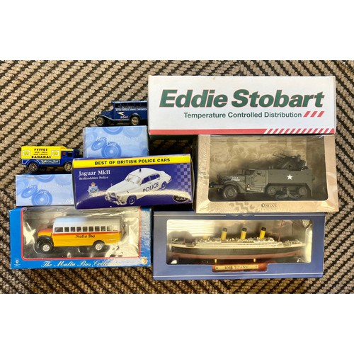 447 - Box of assorted toy buses ,cars,ships