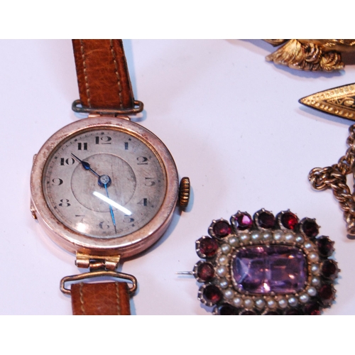 1 - Lady’s 9ct gold wristwatch on strap, a Georgian mourning brooch and three others, metal. ... 