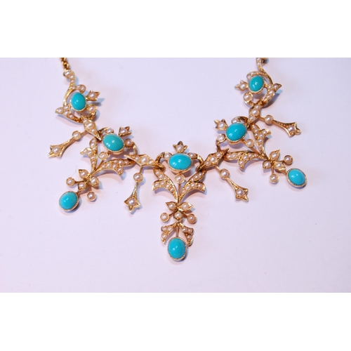 13 - Victorian gold fringe necklace with light oval turquoises and half pearls, 15ct, 17.8g.