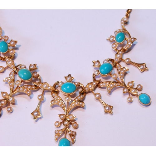 13 - Victorian gold fringe necklace with light oval turquoises and half pearls, 15ct, 17.8g.