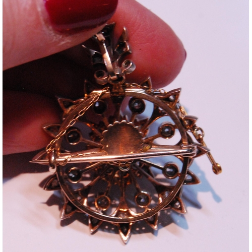 14 - Victorian gold target pendant/brooch with brilliant and rose diamonds, with loop and detachable pin.