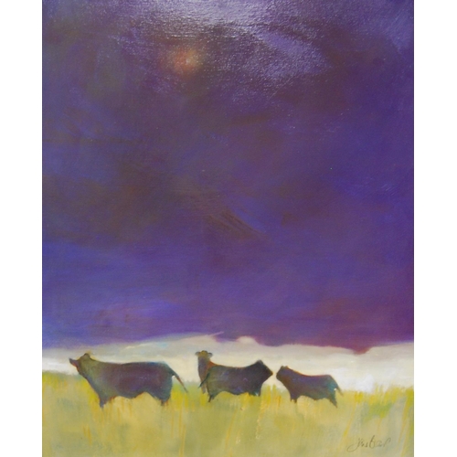 260 - Jane Blair (Scottish, Contemporary)Cattle in a pastel-coloured landscapeSigned, oil on canvas, 59cm ... 