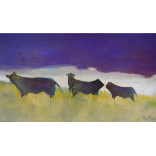 260 - Jane Blair (Scottish, Contemporary)Cattle in a pastel-coloured landscapeSigned, oil on canvas, 59cm ... 