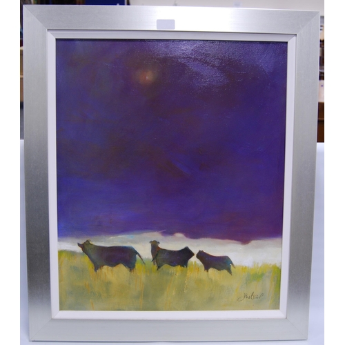 260 - Jane Blair (Scottish, Contemporary)Cattle in a pastel-coloured landscapeSigned, oil on canvas, 59cm ... 