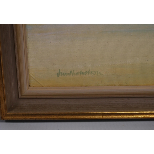 253 - Jim Nicholson (Scottish, 1924 - 1996)Horgabost, HarrisSigned, oil on board, 28.5cm x 56.5cm.  ARR... 