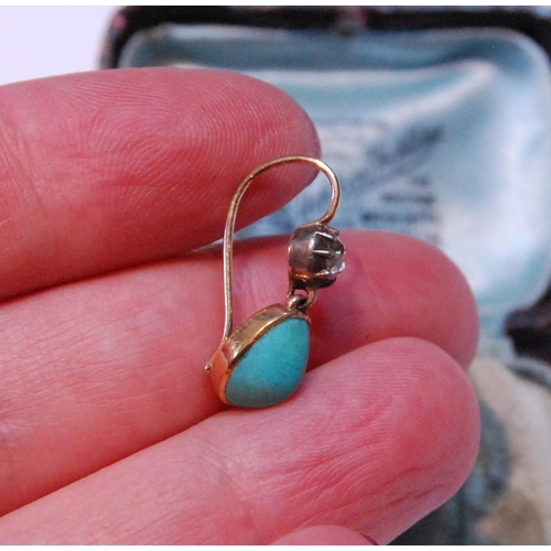 2 - Pair of drop earrings, each with an oval turquoise and diamond brilliant, c. 1900.