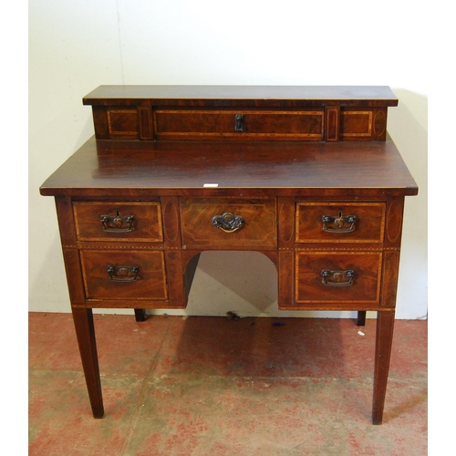 308 - Late Victorian inlaid mahogany desk, the superstructure with long drawer above deep drawers flanked ... 