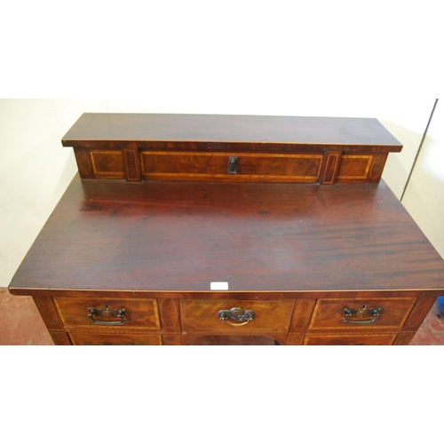 308 - Late Victorian inlaid mahogany desk, the superstructure with long drawer above deep drawers flanked ... 