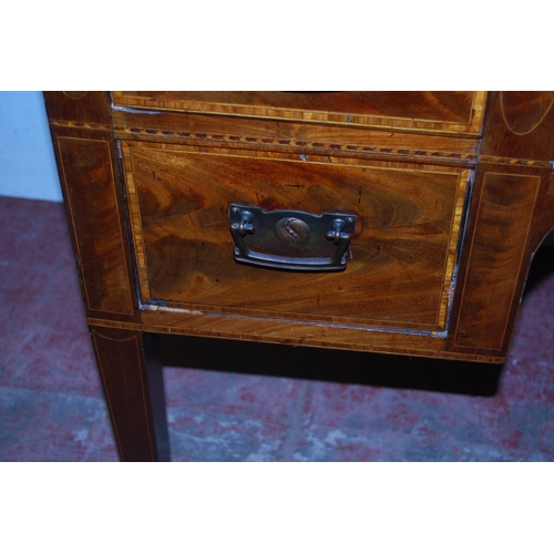 308 - Late Victorian inlaid mahogany desk, the superstructure with long drawer above deep drawers flanked ... 