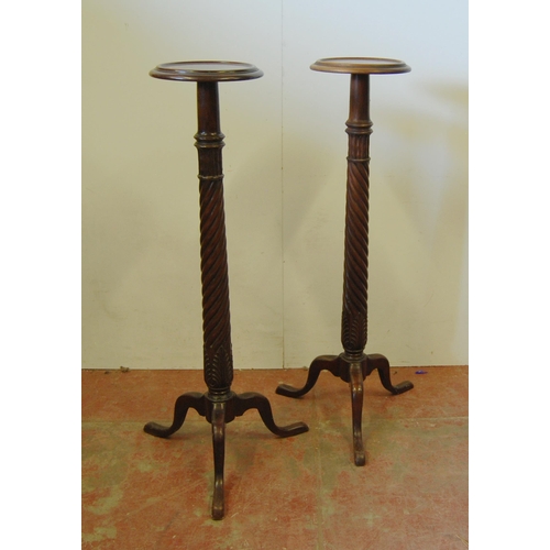 309 - Pair of mahogany torchères, c. early 20th century, each with a saucer top above turned reeded column... 