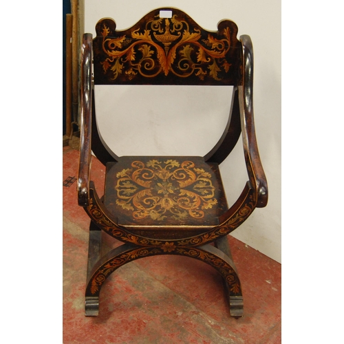 316 - Stained wood penwork Savonarola-type chair, richly decorated with panels of scrolls, urns and foliat... 