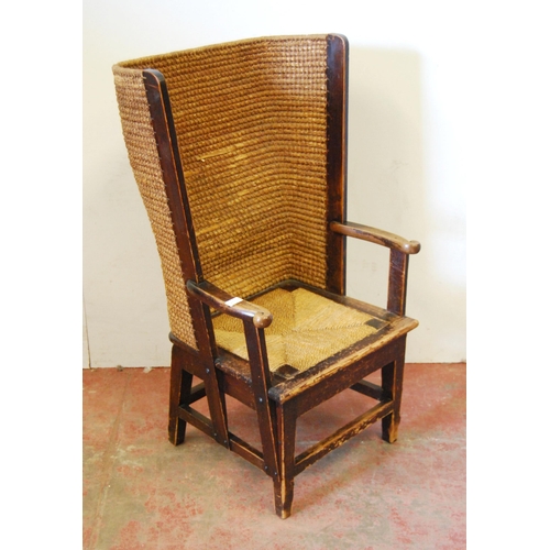 321 - Orkney chair with shaped woven canopy back, detachable woven seat, scroll arm rests, on tapered supp... 