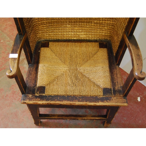 321 - Orkney chair with shaped woven canopy back, detachable woven seat, scroll arm rests, on tapered supp... 