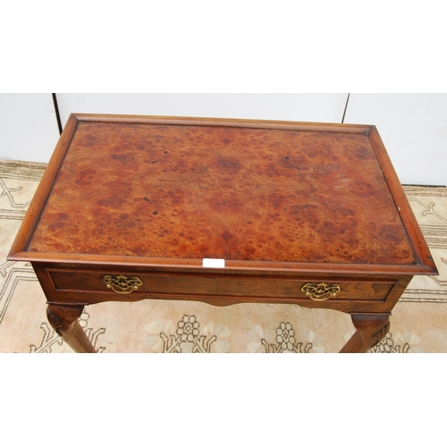 329 - Good quality reproduction burr wood silver table in the Queen Anne style with tray top flanked by pu... 