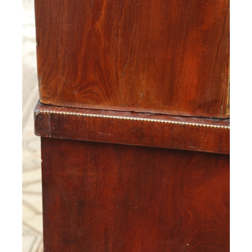 333 - Late Victorian / Edwardian inlaid mahogany library bookcase, the shaped dentil cornice above three a... 