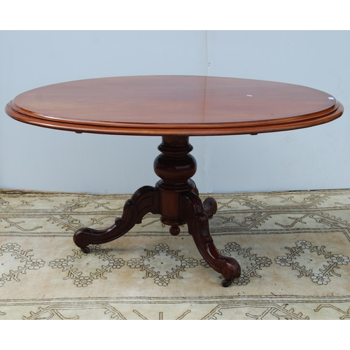 336 - Victorian mahogany breakfast table, the detachable oval top on turned pedestal base with shaped trip... 